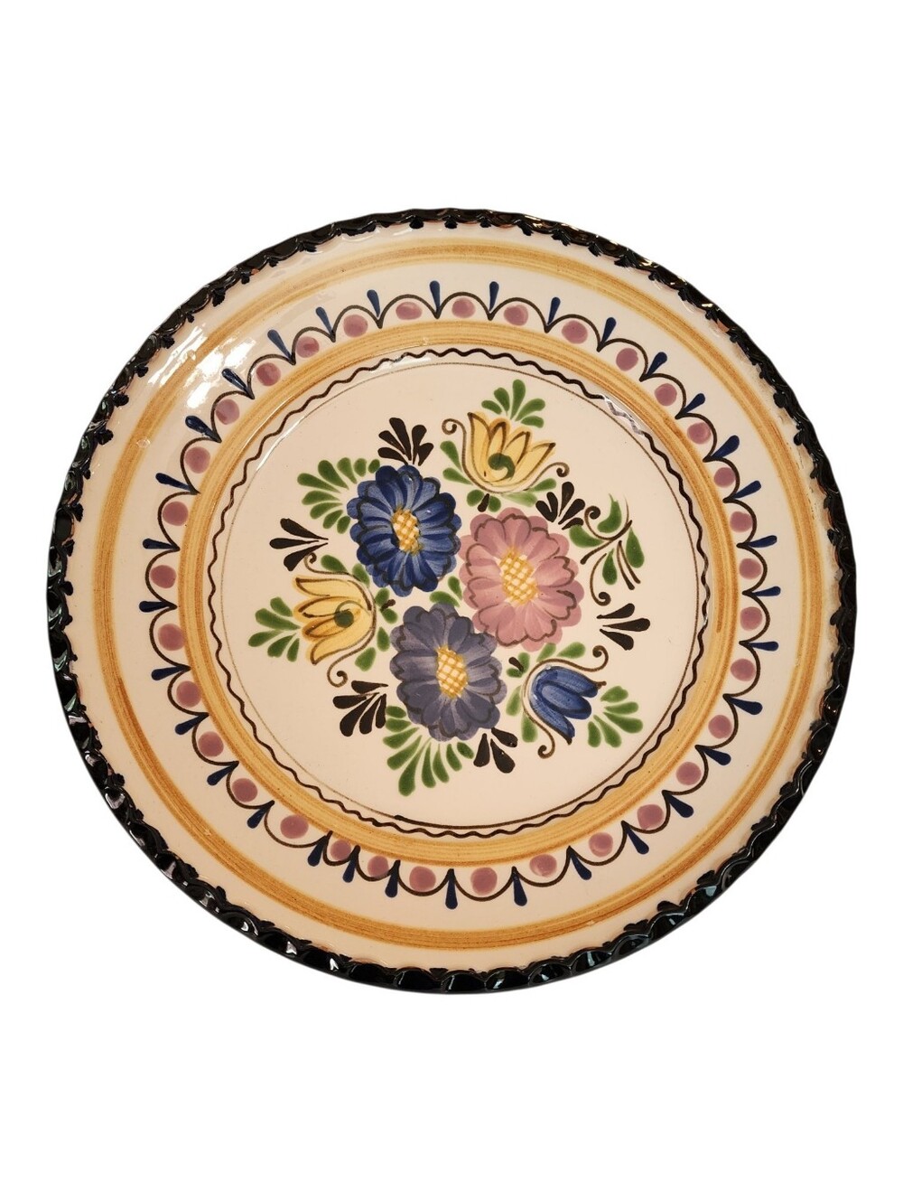Vintage Hungary Folk Peasant Art Hand Painted Plate Floral Pottery 12.25" Pie Cr